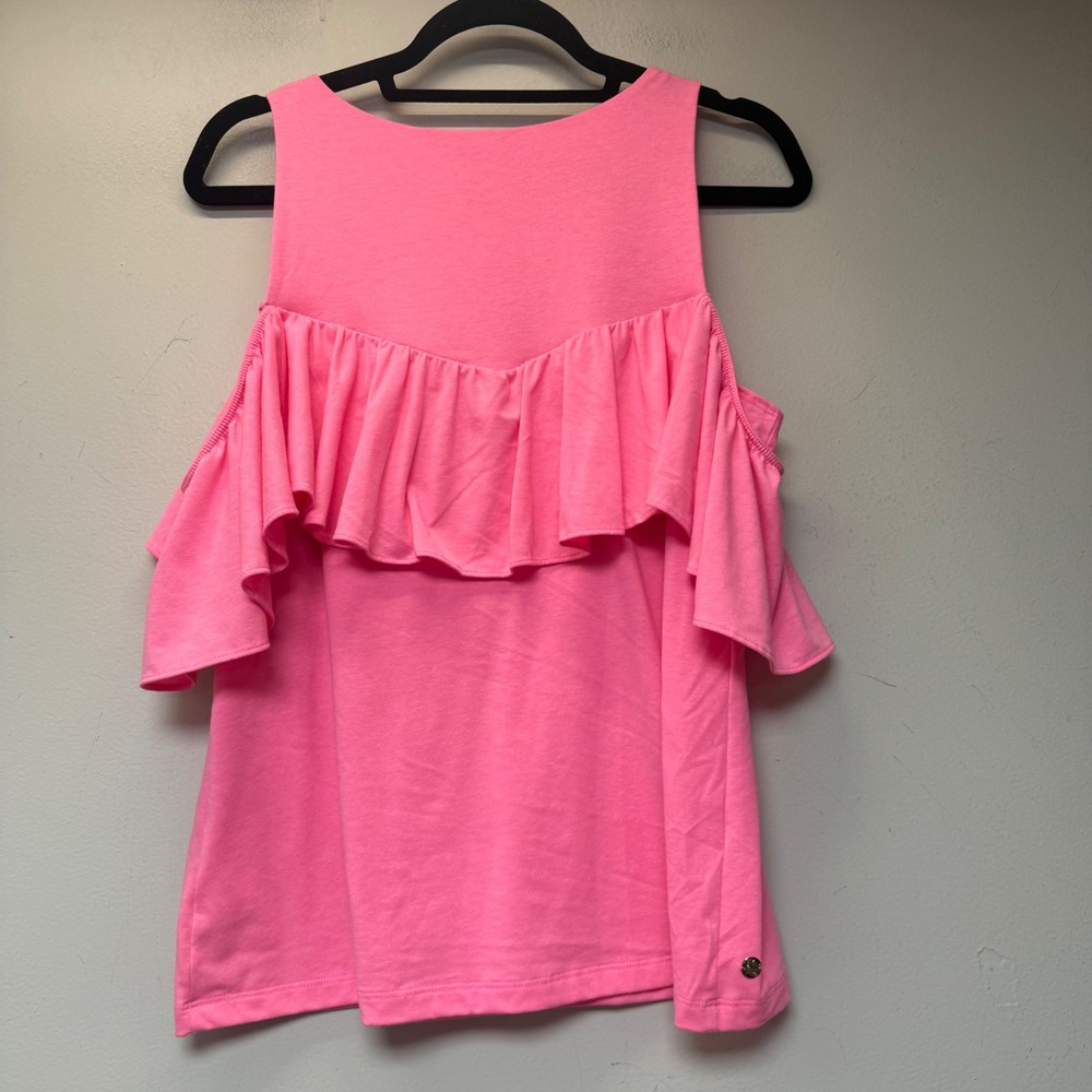 Lilly Pulitzer Cold Shoulder Top Womens M Pink Excellent Ruffle Ruffle Stretch - Picture 6 of 7